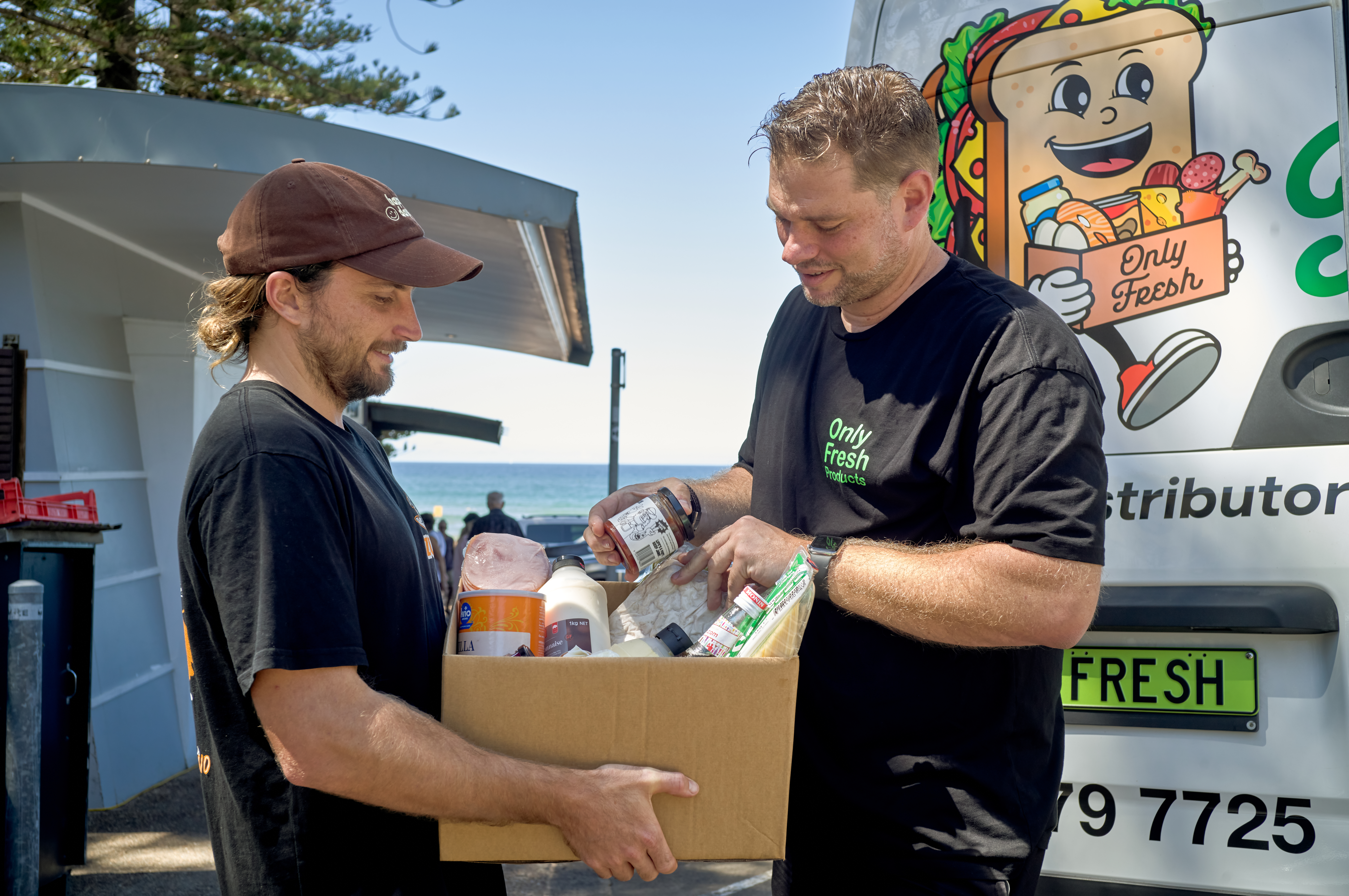 Terry, delivering a box of goods to Zubi Cafe, a popular cafe right by beautiful Bilgola Beach
